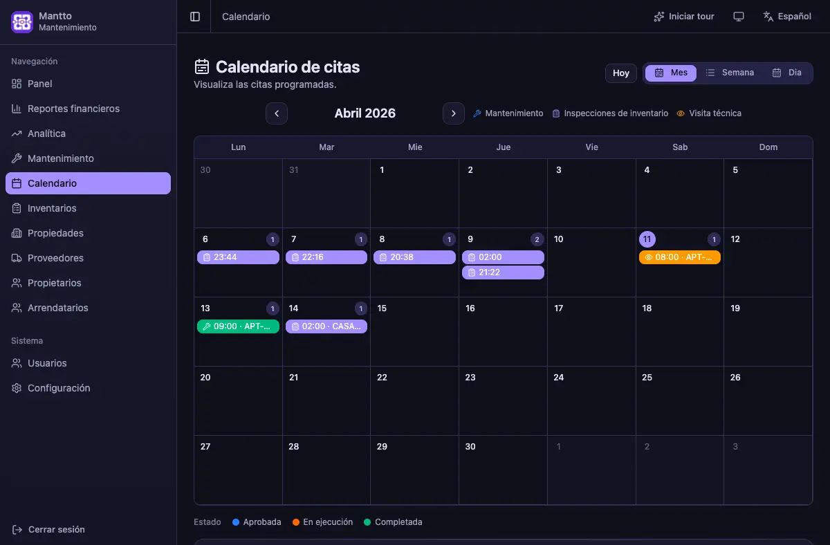 Calendario de citas y visitas de mantenimiento en la propiedad