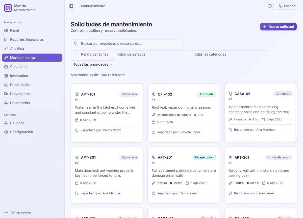 Gestión de solicitudes de mantenimiento centralizada con seguimiento de proveedores